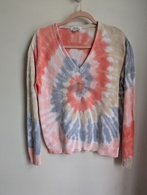 BONPOINT Orange Blue Bohemian Casual Cotton Tie Dye V Neck Sweater Size Medium
